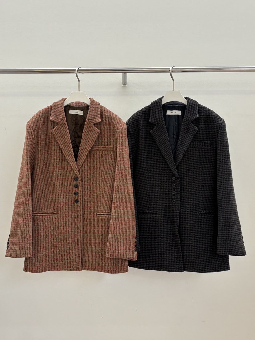 PEBBLE東大門㊣直郵女士新款25秋冬推薦職業時尚夾克羊毛格紋PEBBLE/LAYER夾克