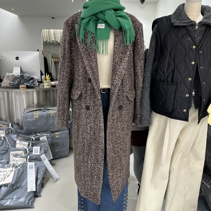 REPELLER韓國代購㊣女士新款職業熱賣中長款大衣人字紋長款REPELLER中長款大衣圖色1