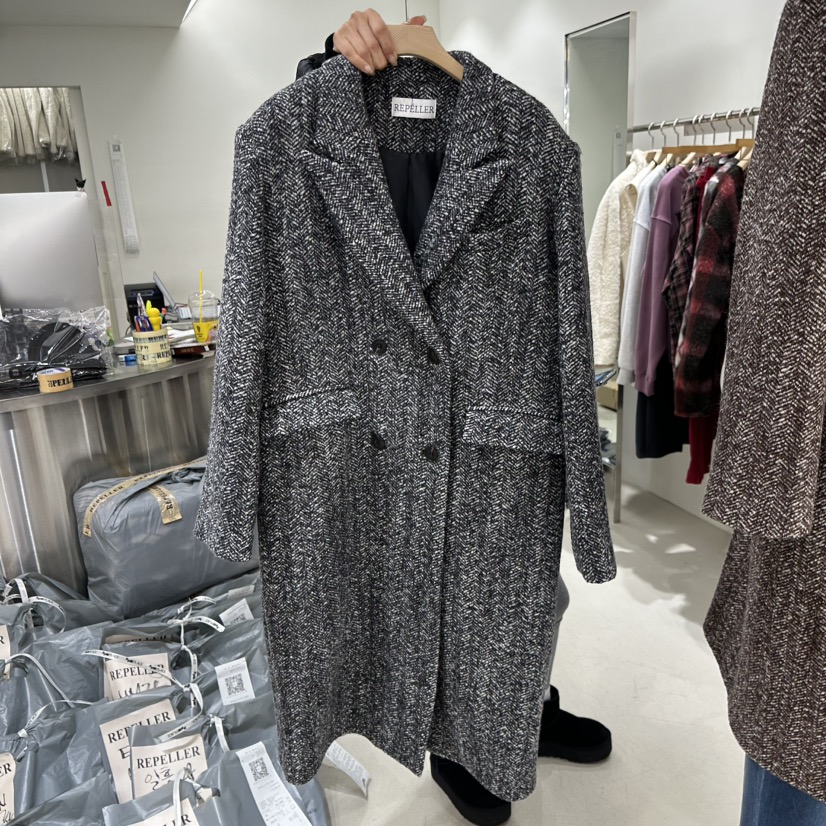REPELLER韓國代購㊣女士新款職業熱賣中長款大衣人字紋長款REPELLER中長款大衣圖色2