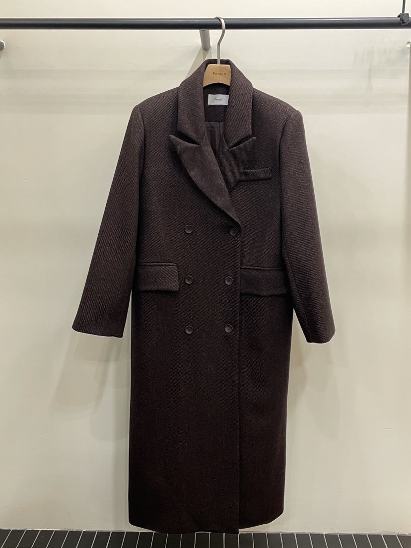 PERSON東大門㊣代購女士新款時尚推薦中長款大衣人字紋羊毛PERSON中長款大衣圖色1棕色