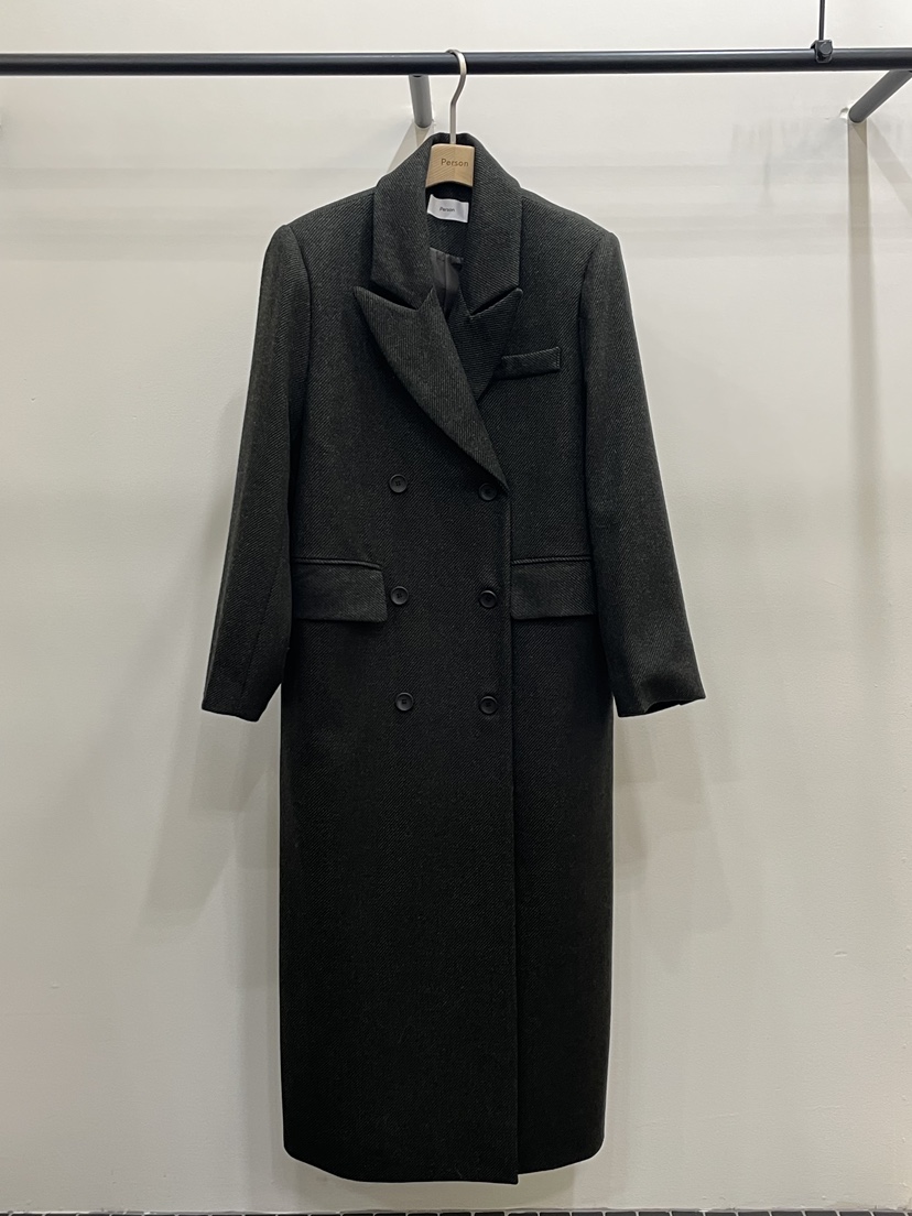PERSON東大門㊣代購女士新款時尚推薦中長款大衣人字紋羊毛PERSON中長款大衣圖色2黑色