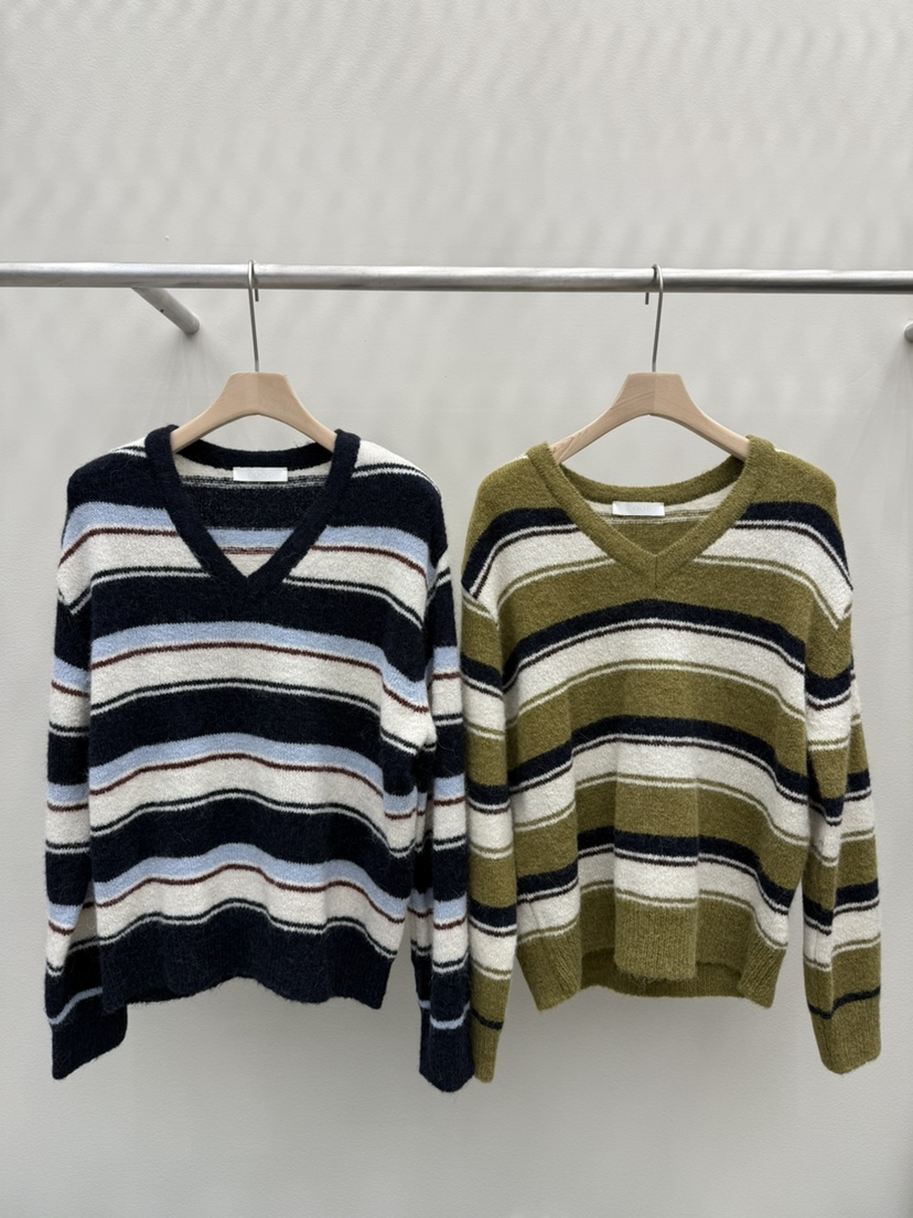 EOOB/LAMEREI東大門㊣直郵女裝新品熱賣25秋冬針織衫V領條紋EOOB/LAMEREI針織衫