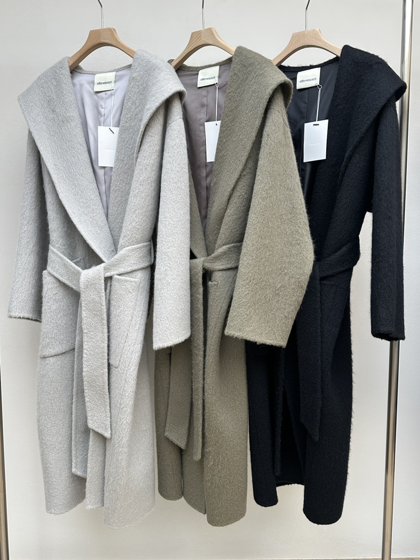 EFFERVESCENT韓國代購㊣女士新品真品中長款大衣含腰帶兜帽evc/effervescent中長款大衣