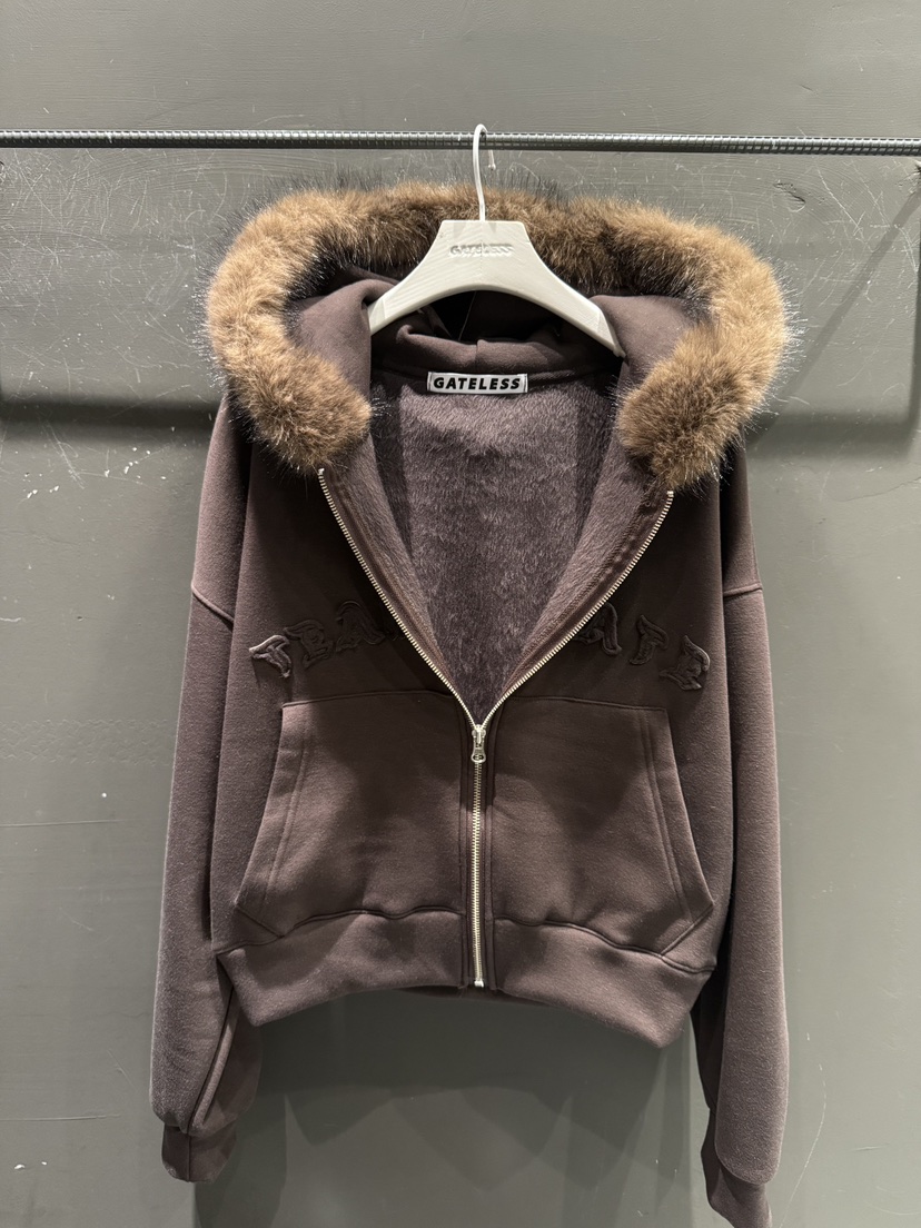 GATELESS韓國代購㊣女裝新品職業真品時尚夾克連帽拉鏈衫貂皮GATELESS夾克