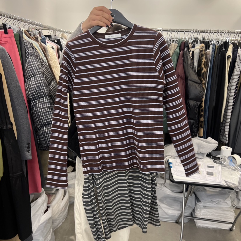 THE SECOND GROW韓國代購㊣女裝新品25秋冬休閑長袖T恤條紋THE SECOND GROW長袖T恤圖色1