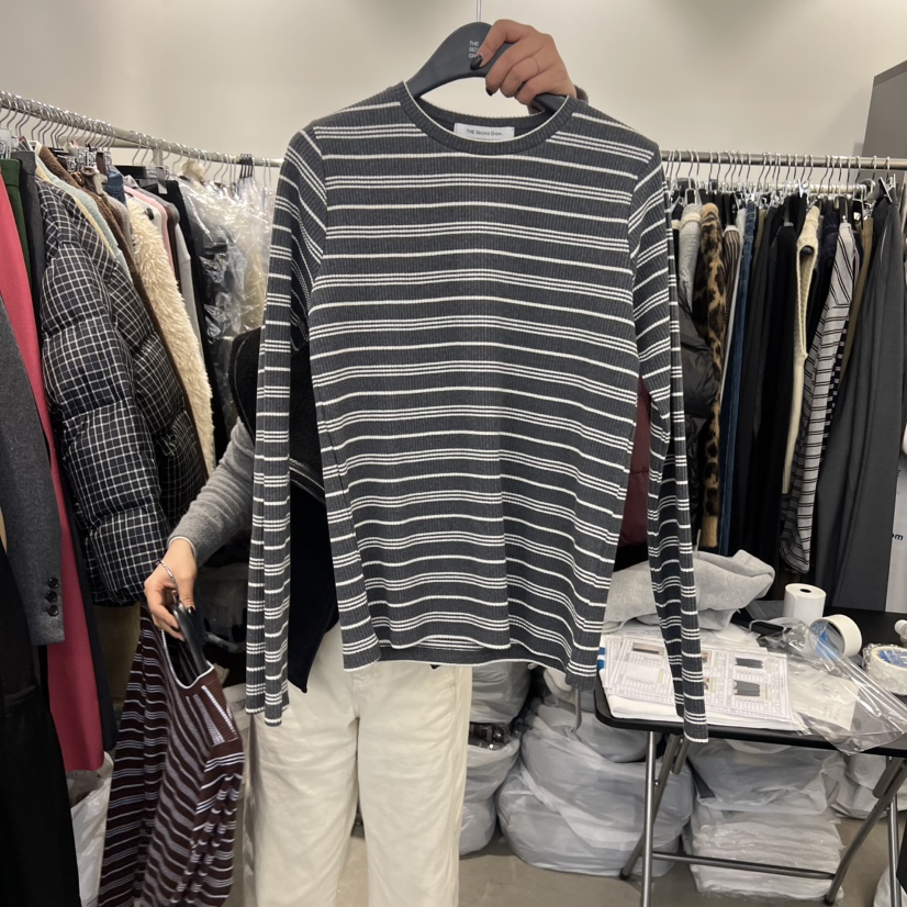 THE SECOND GROW韓國代購㊣女裝新品25秋冬休閑長袖T恤條紋THE SECOND GROW長袖T恤圖色2