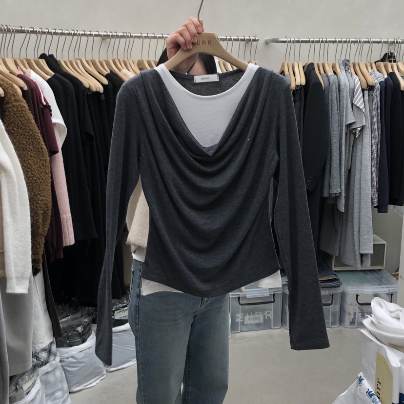 MURR韓國代購㊣女士新款推薦時尚25秋冬真品熱賣長袖T恤假兩件MURR長袖T恤圖色4