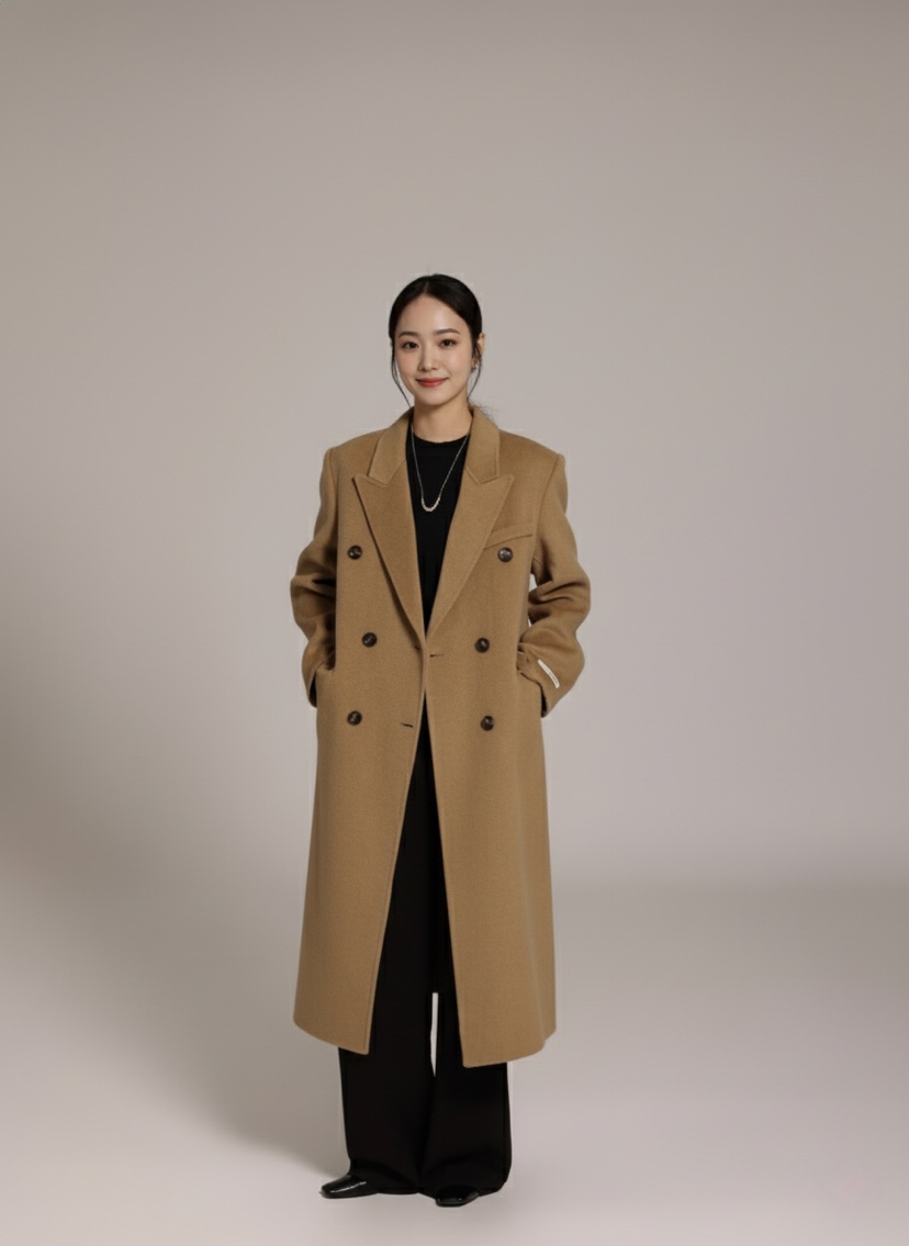 HER東大門㊣實拍女士新款人氣真品職業推薦中長款大衣含腰帶HANNA21中長款大衣