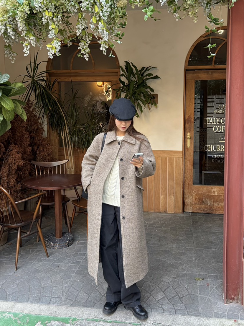 THE ABLE韓國代購㊣女裝新品職業休閑人氣時尚中長款大衣羊毛THE ABLE/TA中長款大衣