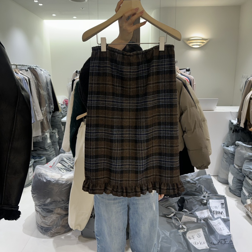 AVECNOUS東大門㊣代購女士新品休閑人氣職業時尚長裙羊毛格子AVECNOUS長裙