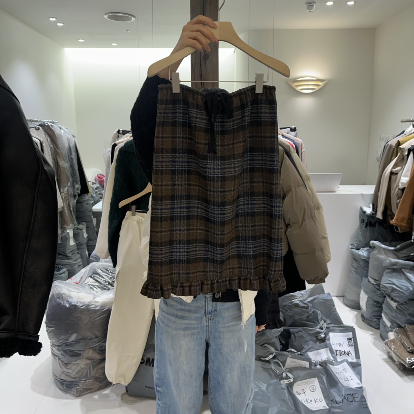 AVECNOUS東大門㊣代購女士新品休閑人氣職業時尚長裙羊毛格子AVECNOUS長裙圖色2