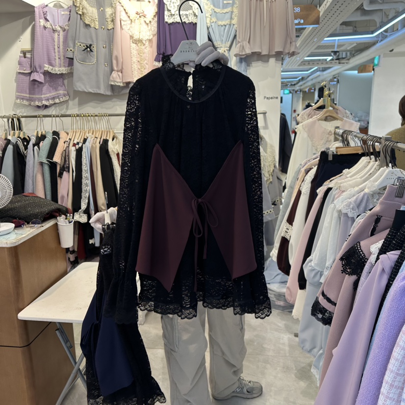 PAPA韓國代購㊣女士新品推薦25秋冬職業人氣襯衫蕾絲衫假兩件PaPa/HALMADE襯衫/蕾絲衫圖色1