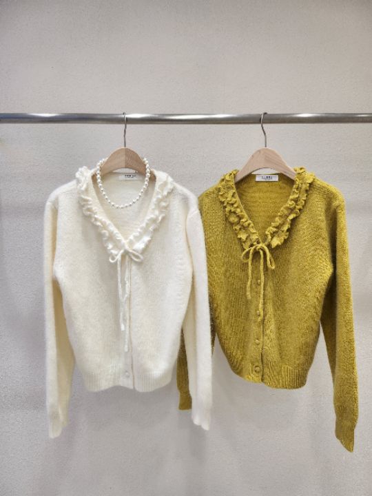 FEMME東大門㊣實拍女士新款休閑針織衫安哥拉荷葉邊V領羊毛開衫FEMME針織衫