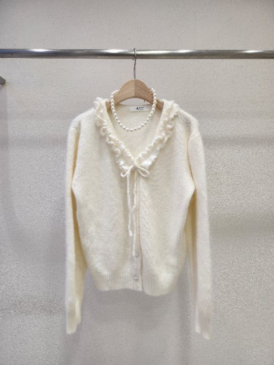 FEMME東大門㊣實拍女士新款休閑針織衫安哥拉荷葉邊V領羊毛開衫FEMME針織衫