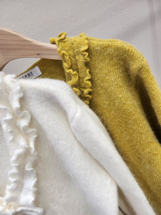 FEMME東大門㊣實拍女士新款休閑針織衫安哥拉荷葉邊V領羊毛開衫FEMME針織衫