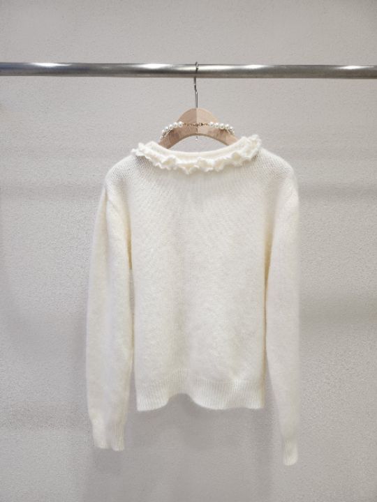 FEMME東大門㊣實拍女士新款休閑針織衫安哥拉荷葉邊V領羊毛開衫FEMME針織衫