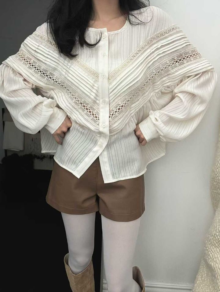 FEMME韓國直郵㊣女裝新款推薦人氣熱賣職業襯衫蕾絲衫褶裥寬松FEMME襯衫/蕾絲衫