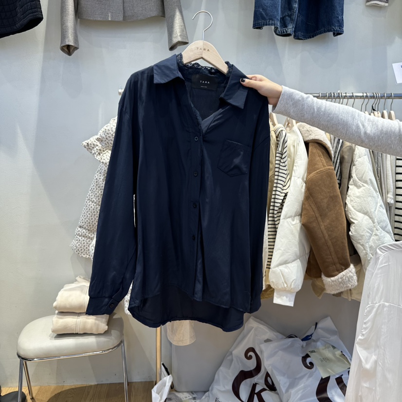 TARA東大門㊣直郵女士新款人氣真品25秋冬推薦職業襯衫蕾絲衫TARA襯衫/蕾絲衫圖色2深藍色