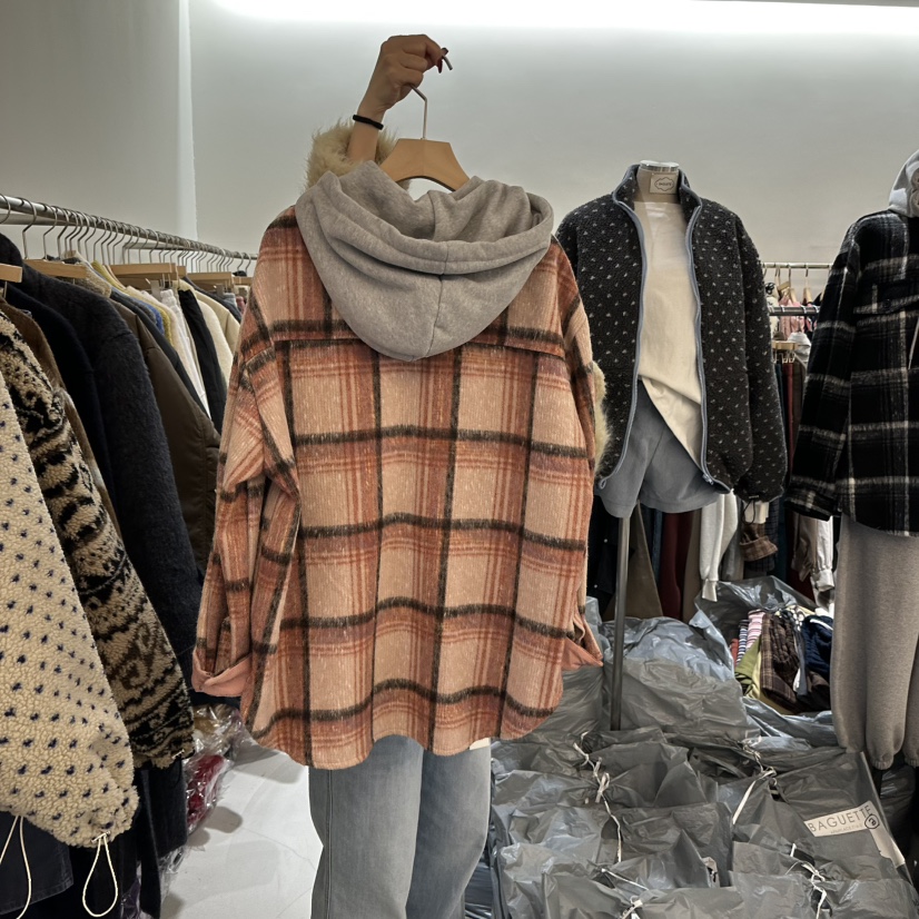 BAGUETTE-P東大門㊣實拍女士新款時尚襯衫蕾絲衫連帽衫格子BAGUETTE-P襯衫/蕾絲衫