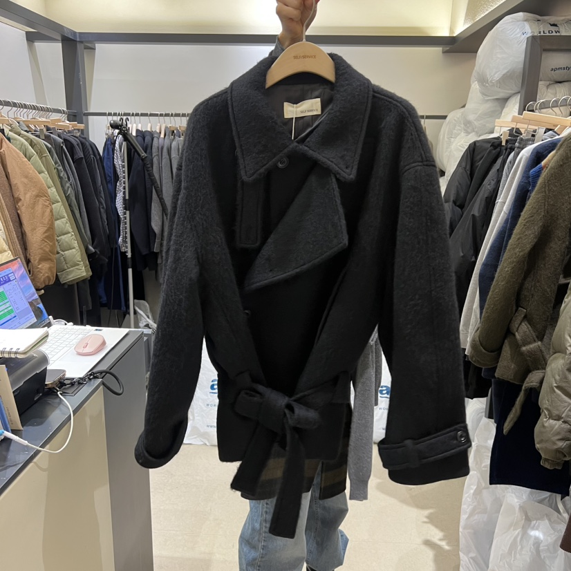 SELF SERVICE東大門㊣代購女裝新款真品熱賣短款大衣含腰帶SELF SERVICE短款大衣圖色2