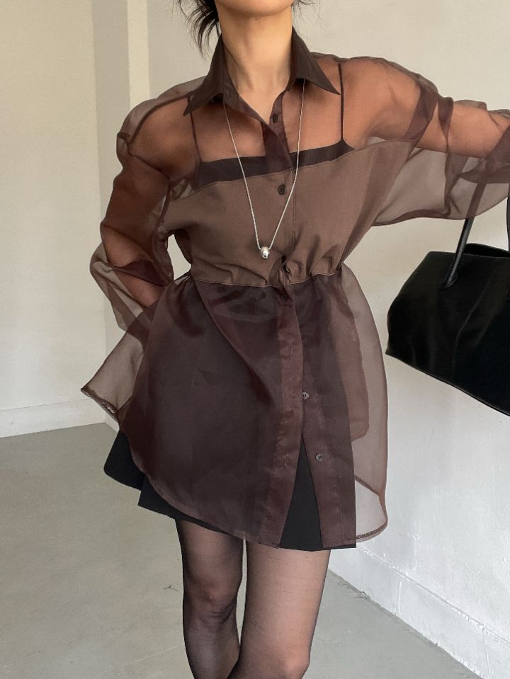 CRONG韓國代購㊣女士新款熱賣職業時尚人氣襯衫蕾絲衫歐根紗CRONG襯衫/蕾絲衫圖色1