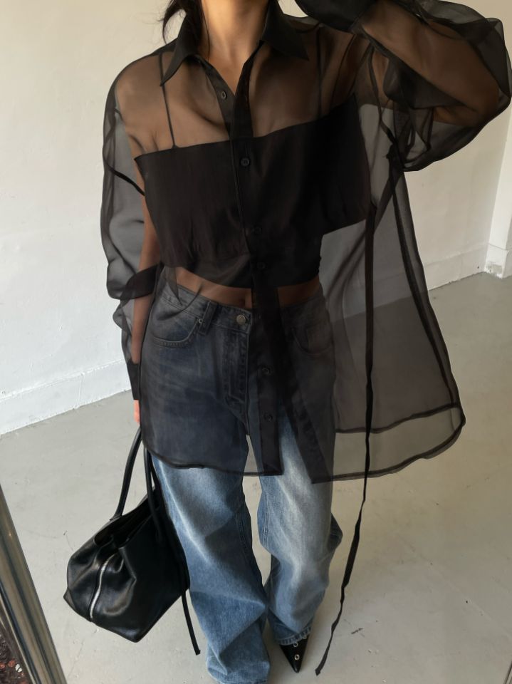 CRONG韓國代購㊣女士新款熱賣職業時尚人氣襯衫蕾絲衫歐根紗CRONG襯衫/蕾絲衫圖色2