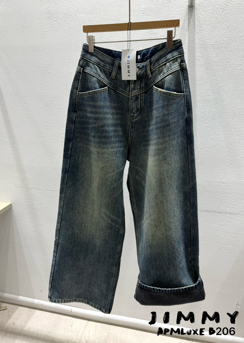 JIMMY韓國直郵㊣女士新品真品時尚推薦牛仔褲水洗牛仔布加絨JIMMY/REMAKE牛仔褲