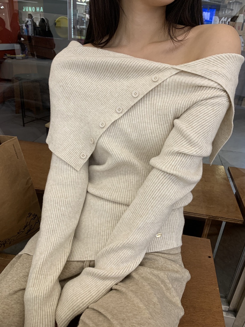 UNA/THE MAY韓國直郵㊣女士新品真品休閑推薦針織衫露肩紐扣THEMAY/UNA針織衫