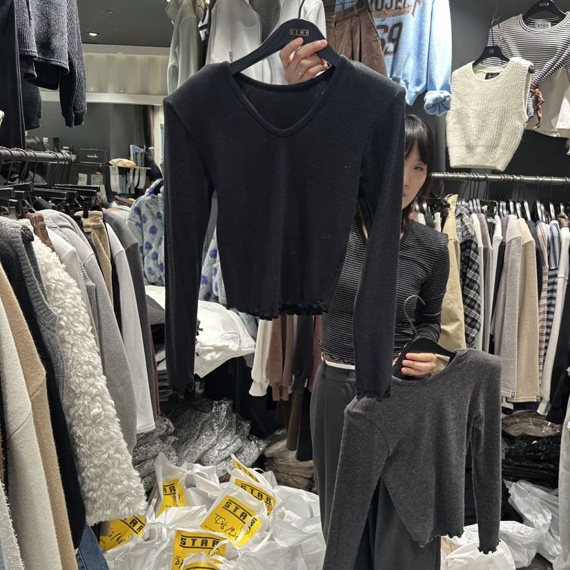 LONE STAR韓國直郵㊣女裝新款休閑推薦職業人氣真品長袖T恤絨LONE STAR長袖T恤圖色3黑色