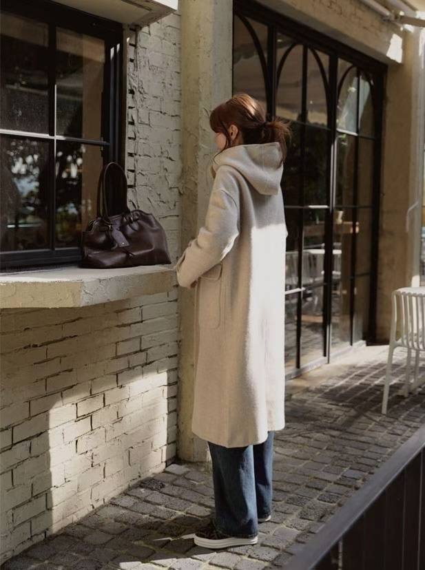 MU 뮤-T東大門㊣代購女裝新款人氣中長款大衣手工羊毛連帽MU 뮤-T中長款大衣