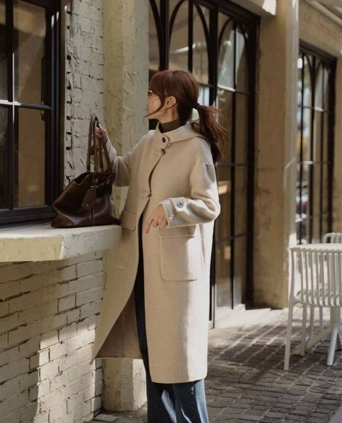 MU 뮤-T東大門㊣代購女裝新款人氣中長款大衣手工羊毛連帽MU 뮤-T中長款大衣