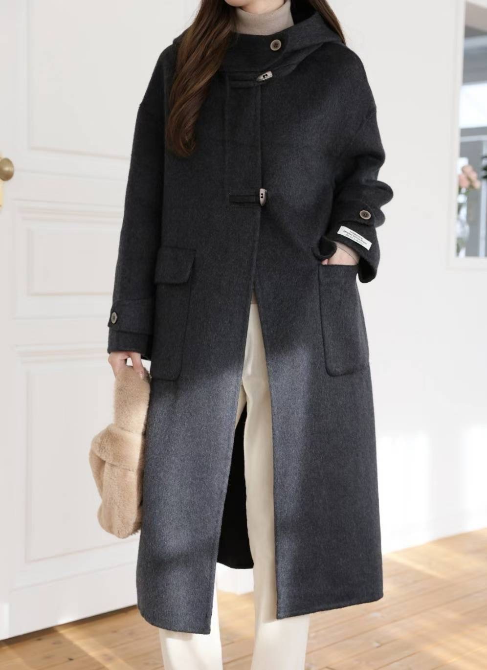 MU 뮤-T東大門㊣代購女裝新款人氣中長款大衣手工羊毛連帽MU 뮤-T中長款大衣圖色1