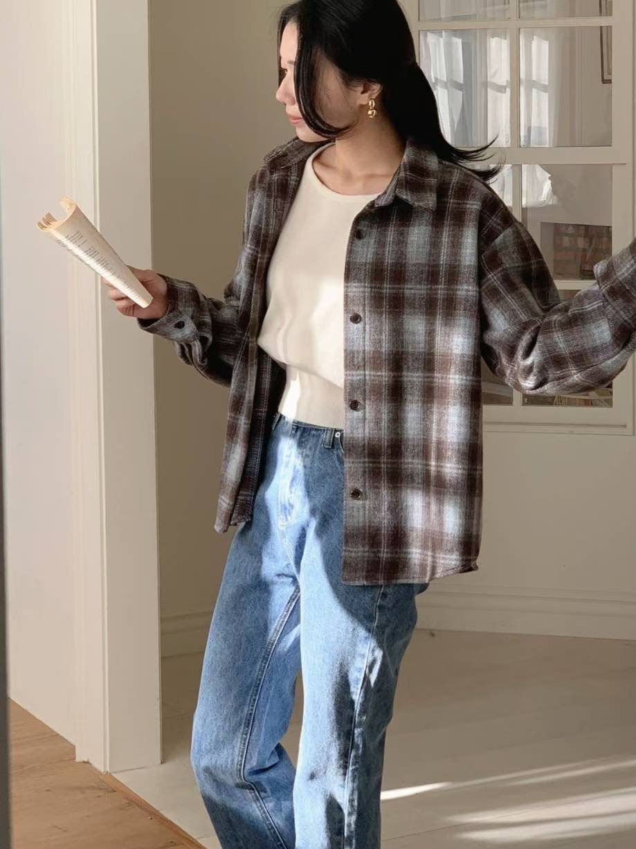 MU 뮤-T東大門㊣實拍女裝新款休閑人氣襯衫蕾絲衫格紋抓絨MU 뮤-T襯衫/蕾絲衫