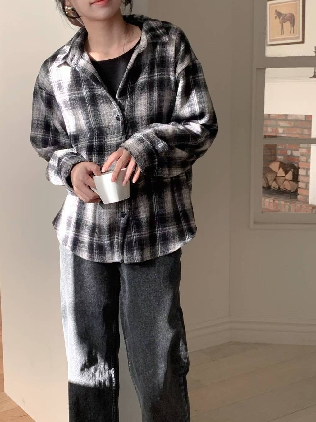 MU 뮤-T東大門㊣實拍女裝新款休閑人氣襯衫蕾絲衫格紋抓絨MU 뮤-T襯衫/蕾絲衫圖色1