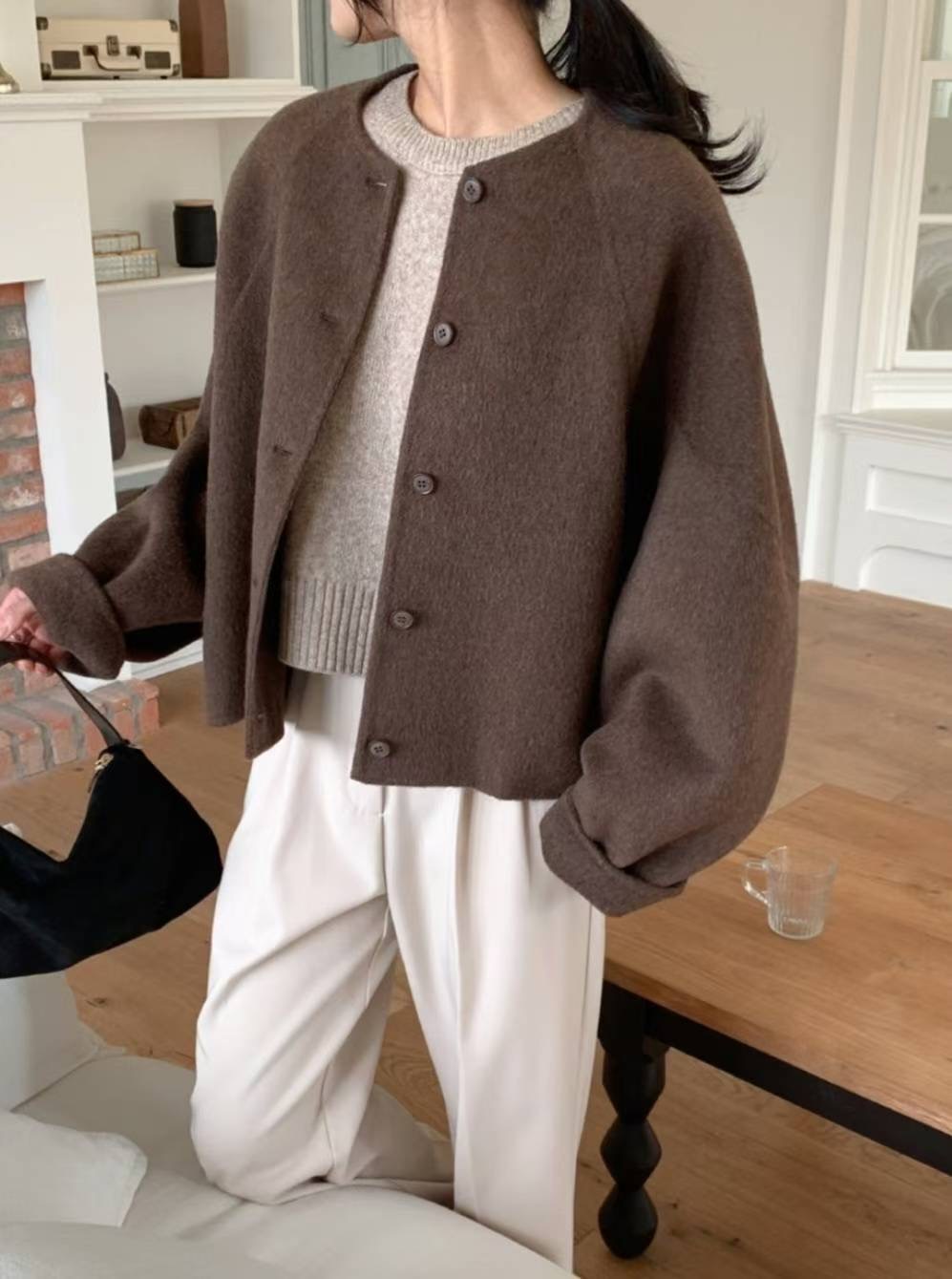 MU 뮤-T韓國直郵㊣女士新品職業推薦時尚短款大衣手工羊毛MU 뮤-T短款大衣