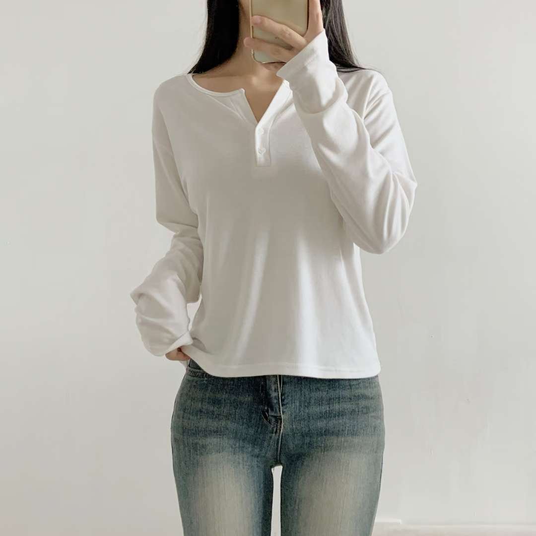 WOO SUNG東大門㊣代購女裝新品熱賣職業人氣長袖T恤抓絨紐扣WOO SUNG長袖T恤圖色1