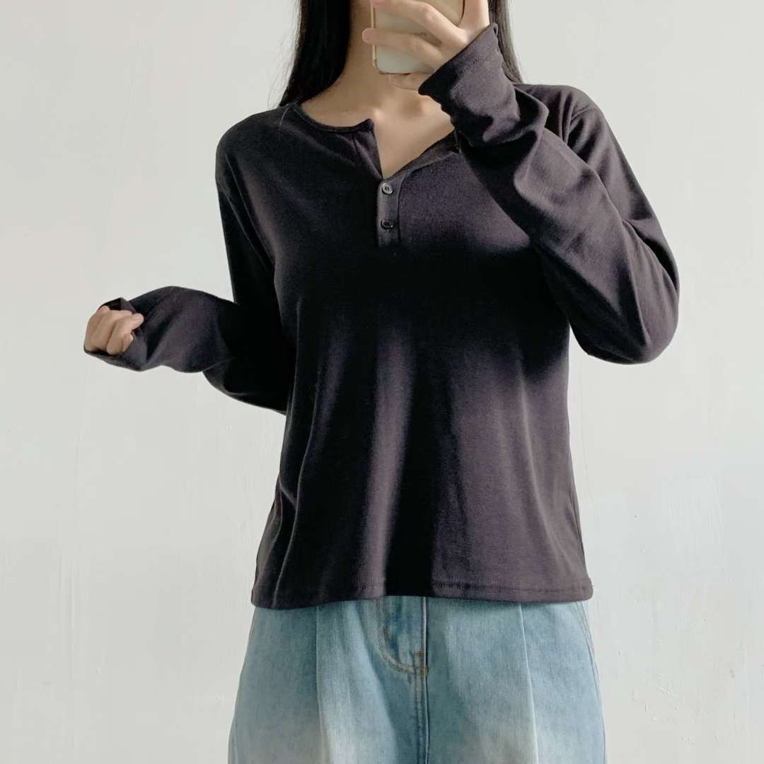 WOO SUNG東大門㊣代購女裝新品熱賣職業人氣長袖T恤抓絨紐扣WOO SUNG長袖T恤圖色3