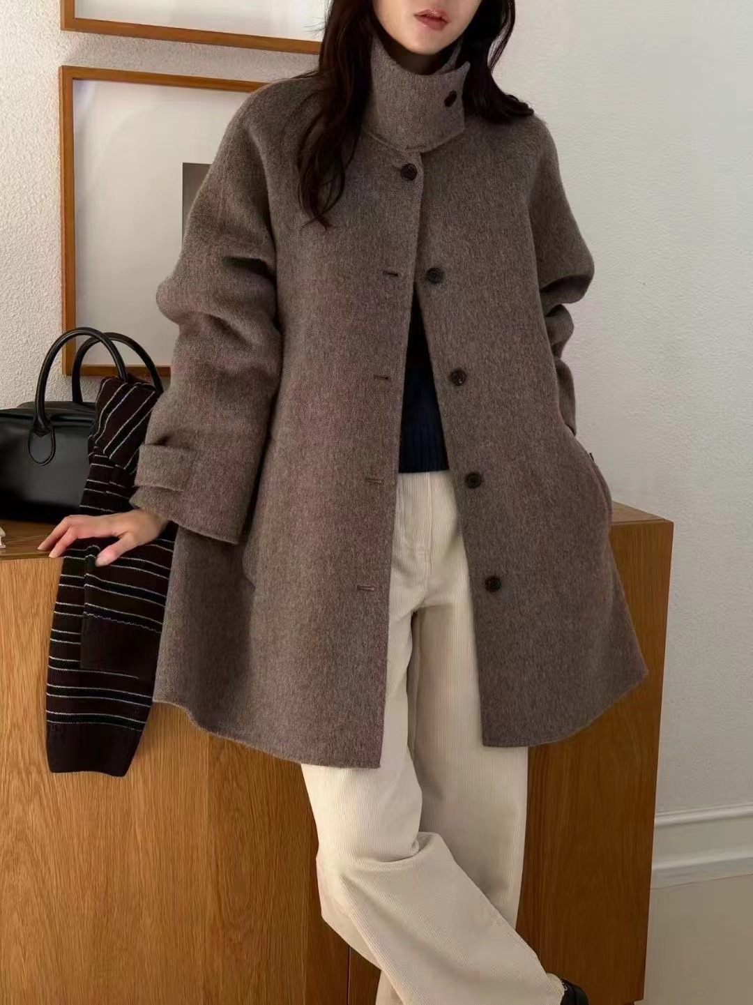 AMYGRACE韓國代購㊣女士新品25秋冬熱賣休閑職業中長款大衣AMYGRACE中長款大衣圖色1