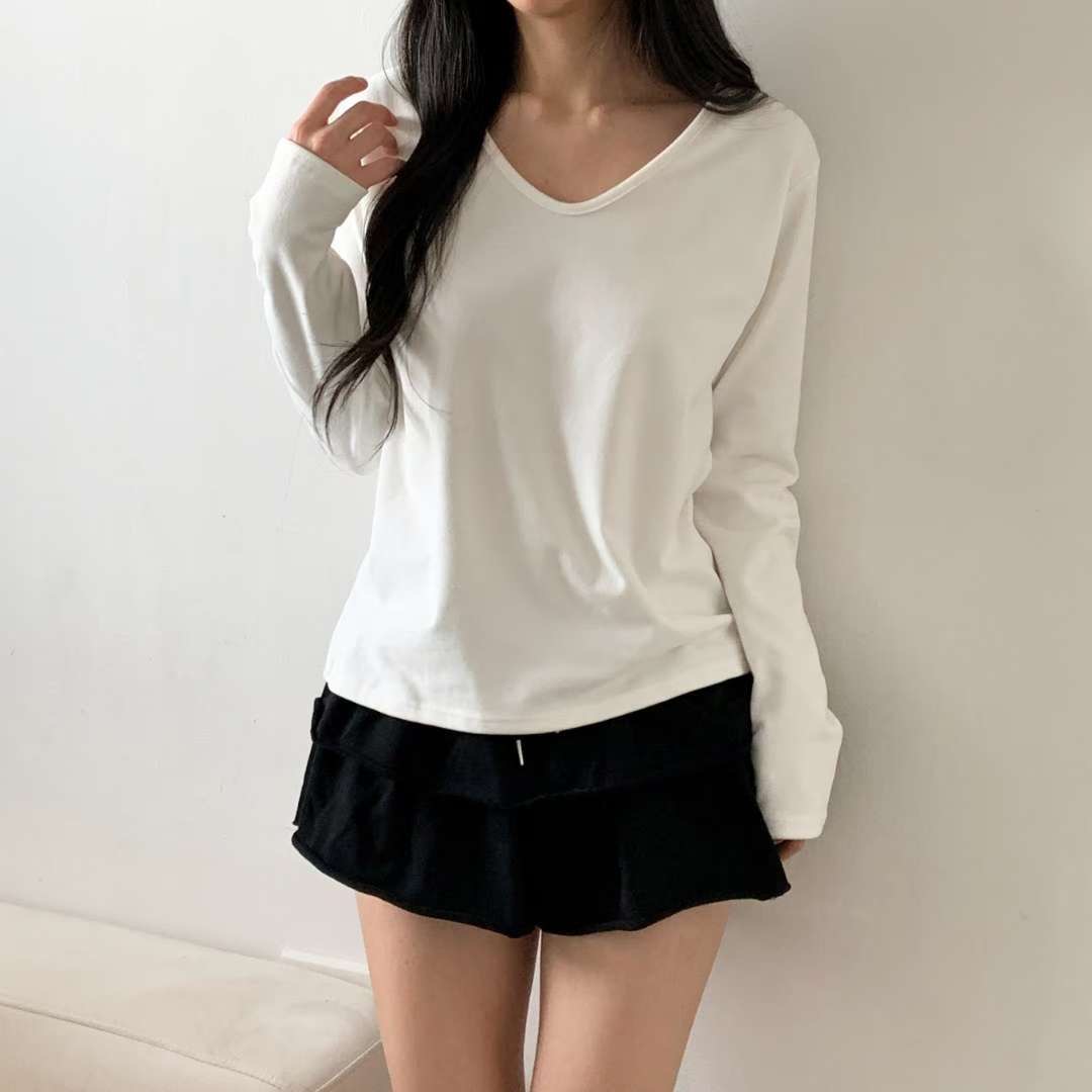 WOO SUNG東大門㊣直郵女士新品時尚職業熱賣真品長袖T恤V領WOO SUNG長袖T恤圖色1