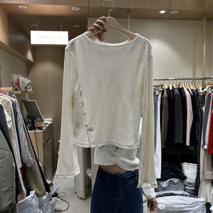 VINTAGE VIBE東大門㊣直郵女裝新品推薦長袖T恤天鵝絨褶皺VINTAGE VIBE長袖T恤圖色1