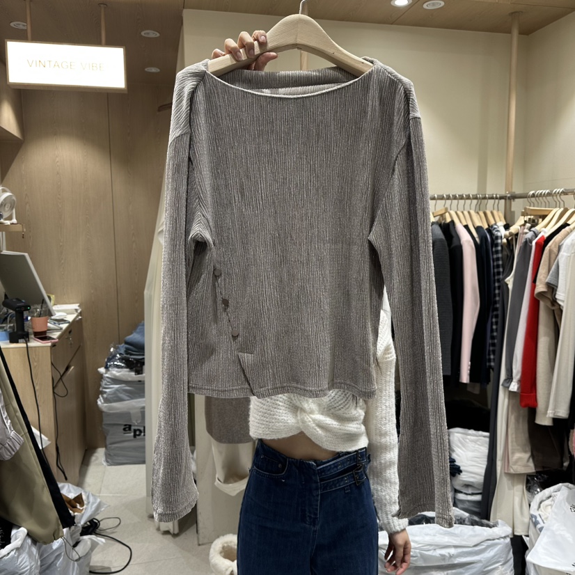 VINTAGE VIBE東大門㊣直郵女裝新品推薦長袖T恤天鵝絨褶皺VINTAGE VIBE長袖T恤圖色2