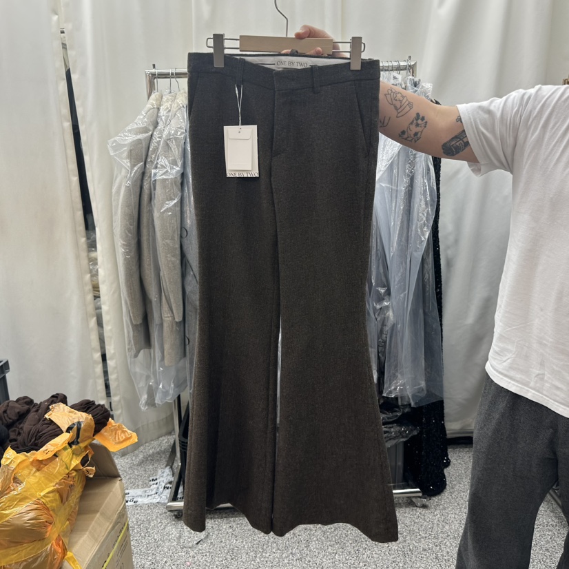 ONEBYTWO韓國代購㊣女士新款25秋冬人氣時尚真品休閑褲喇叭ONE BY TWO休閑褲圖色2棕色