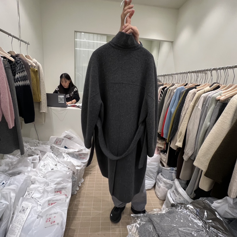 AMY GRACE韓國直郵㊣女士新款真品中長款大衣含腰帶高領長款AMY GRACE中長款大衣