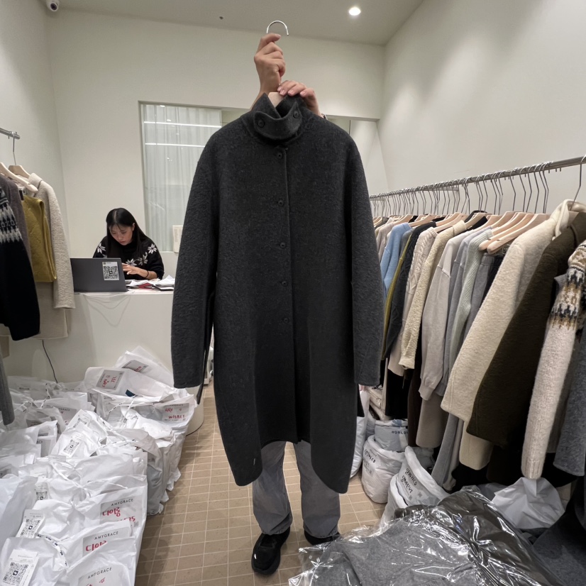 AMY GRACE韓國直郵㊣女士新款真品中長款大衣含腰帶高領長款AMY GRACE中長款大衣圖色1