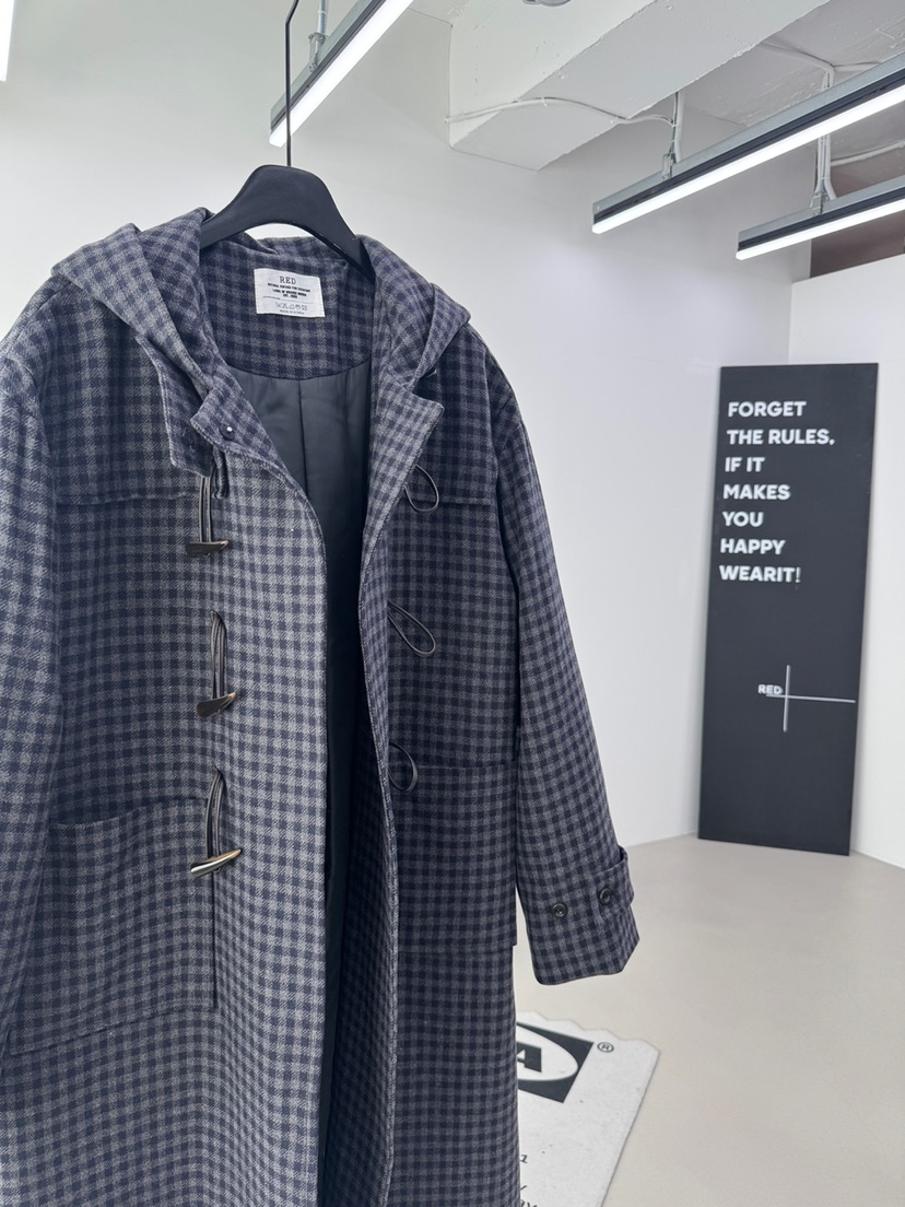 RED-A東大門㊣直郵女裝新款時尚休閑人氣中長款大衣格子連帽RED-A中長款大衣