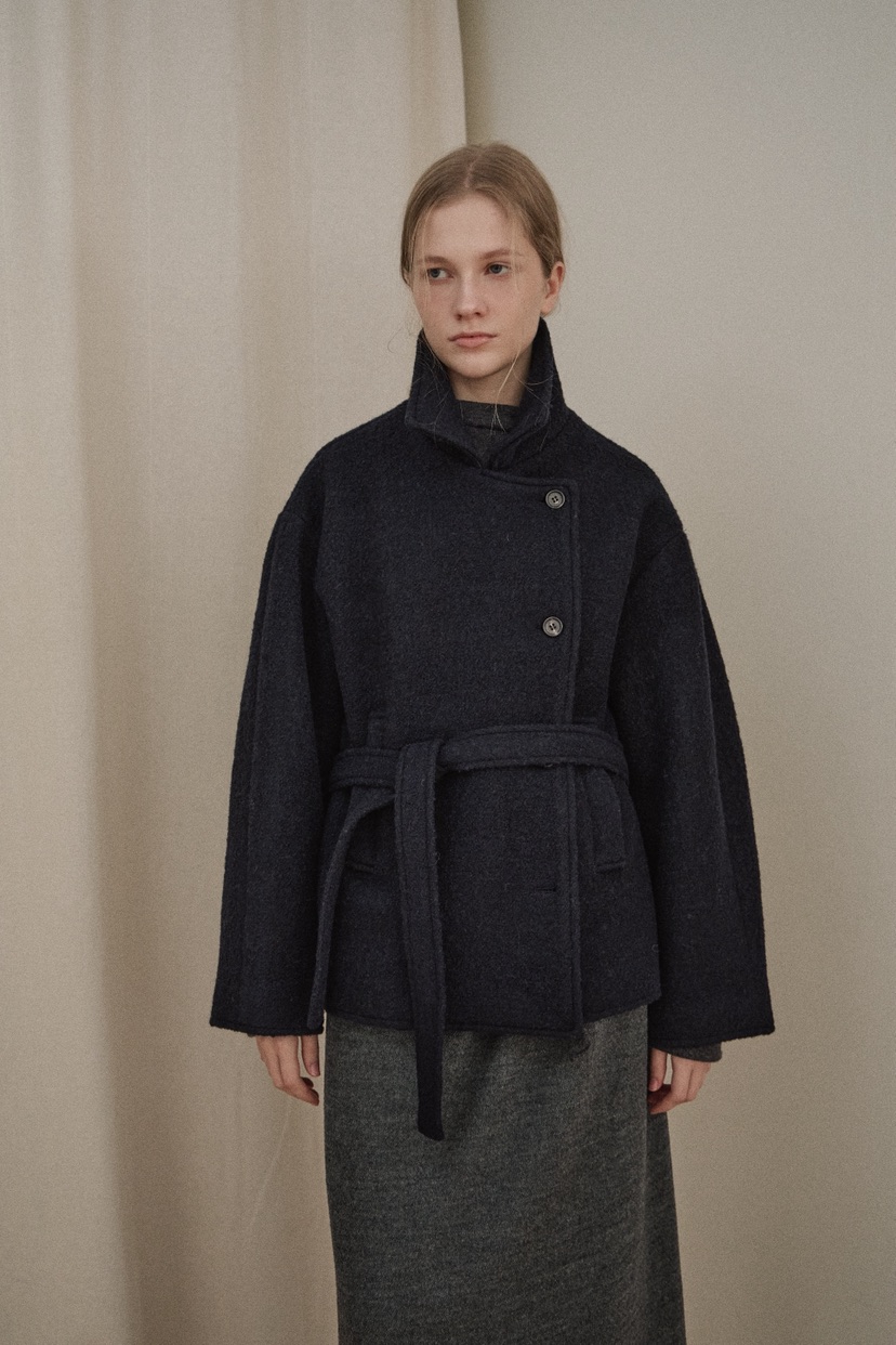 B_GARDER東大門㊣直郵女士新品人氣時尚25秋冬短款大衣含腰帶B.GARDER短款大衣圖色1藏藍