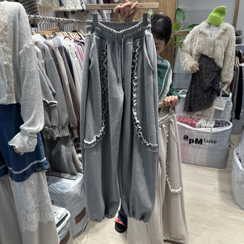 MARI CO韓國直郵㊣女士新品人氣休閑25秋冬休閑褲荷葉邊加絨MARI CO休閑褲圖色1