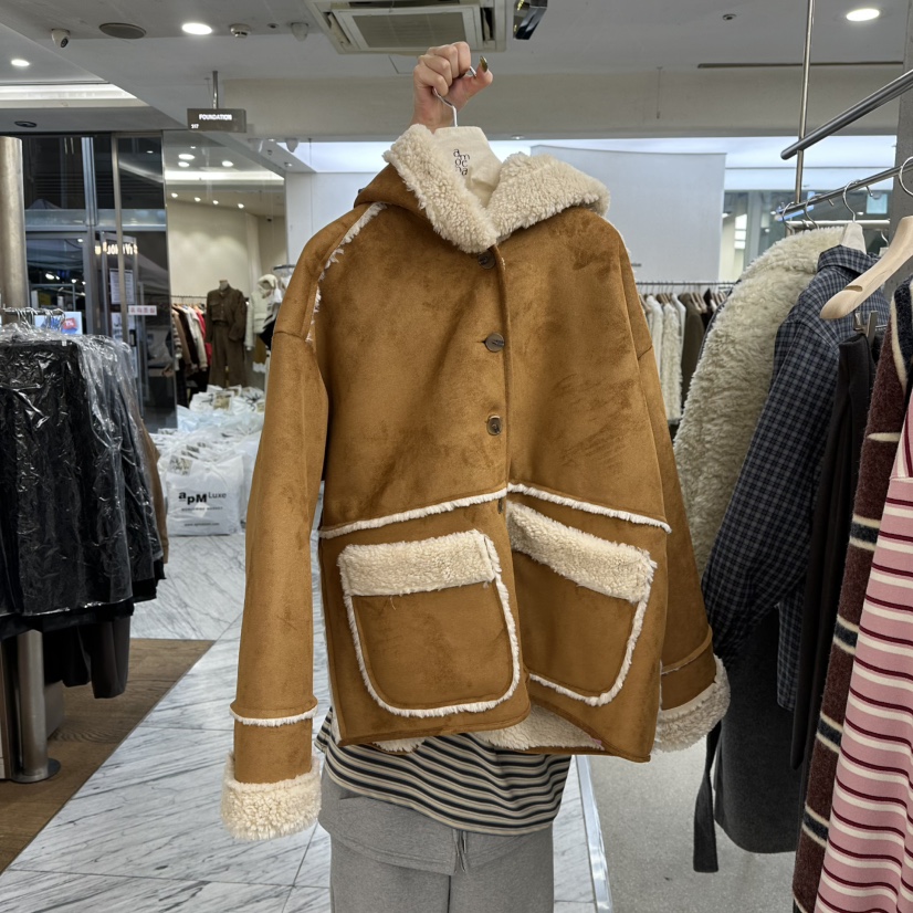 AMOEBA韓國直郵㊣女裝新款熱賣職業休閑真品時尚短款大衣連帽AMOEBA短款大衣圖色1