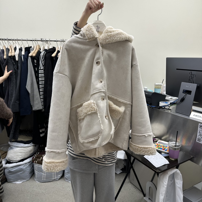 AMOEBA韓國直郵㊣女裝新款熱賣職業休閑真品時尚短款大衣連帽AMOEBA短款大衣圖色2