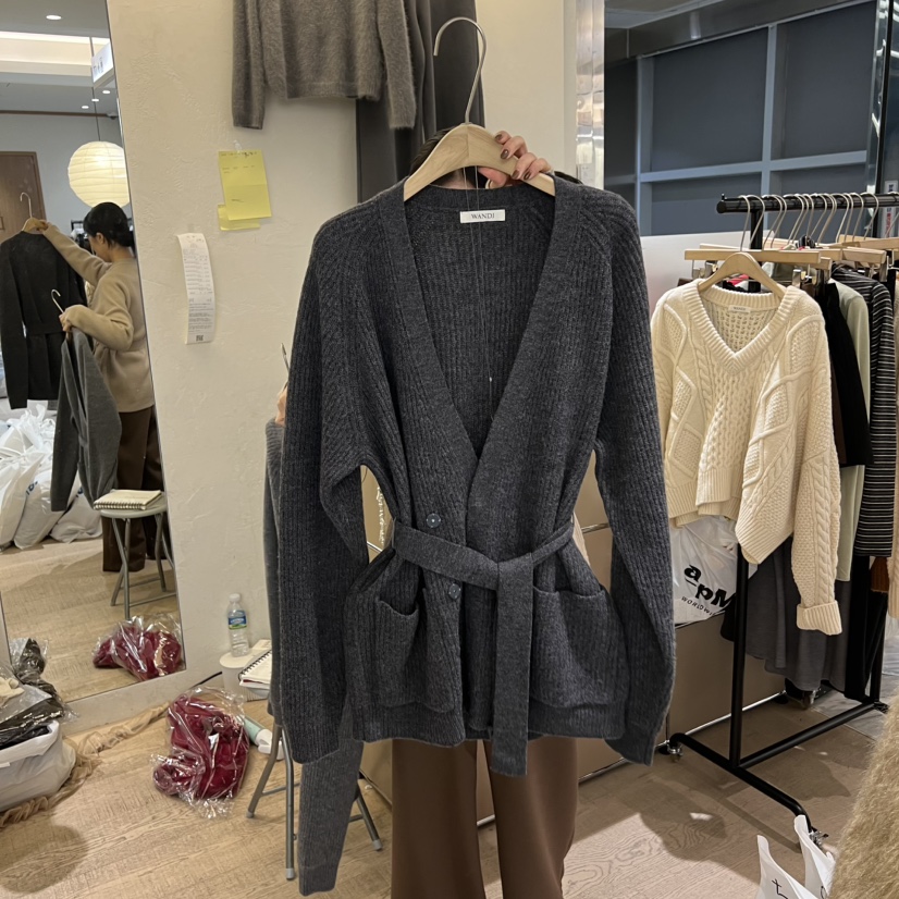 W AND J東大門㊣實拍女裝新品真品25秋冬毛衣含腰帶系帶開衫W AND J毛衣圖色3